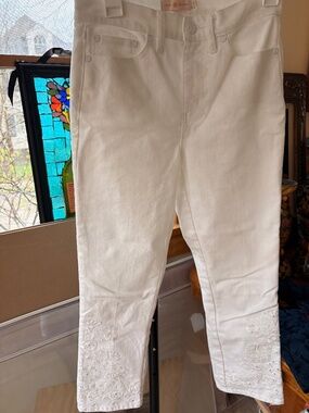 Tory Burch White Denim Embroidered Detail Crop Jeans 26